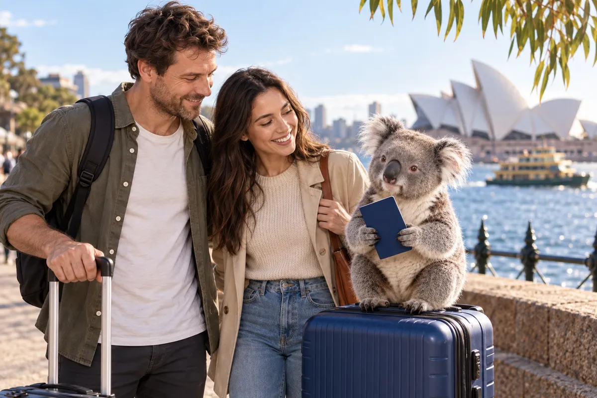A couple travelling with their luggage and a koala holding a passport in front of the Sydney Opera House